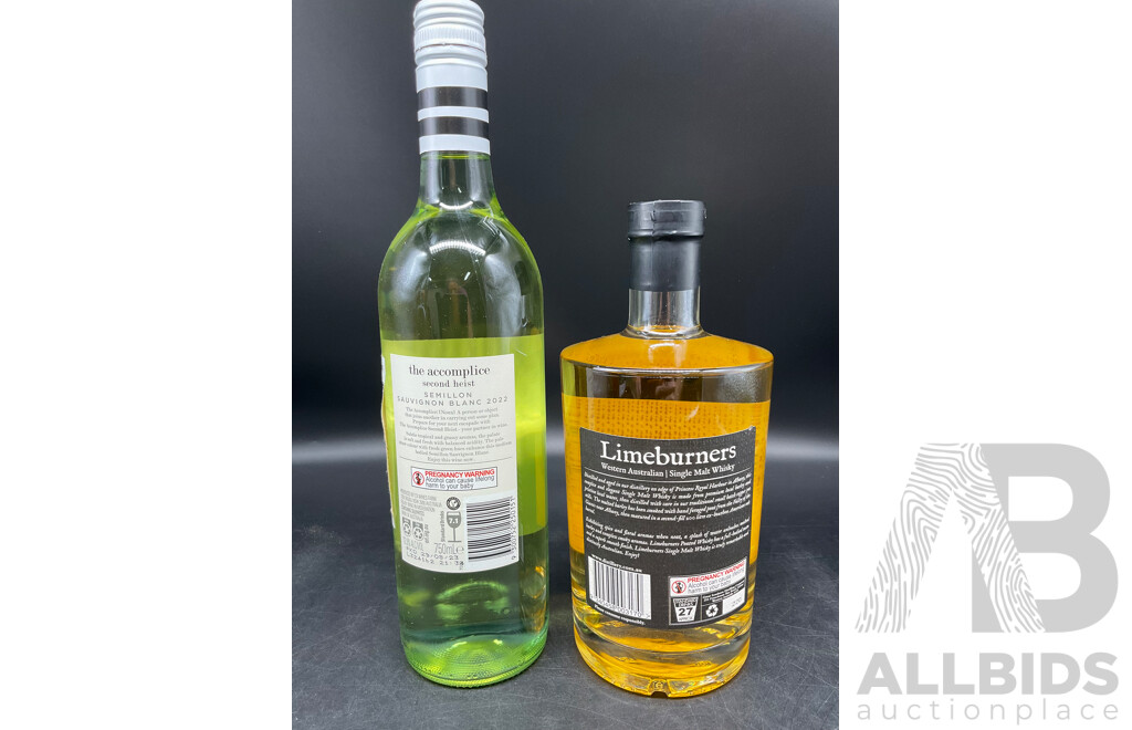 LIMEBURNES Single Malt Whisky 700ml and the Accomplice Sav Blanc 750ml - Lot of 2