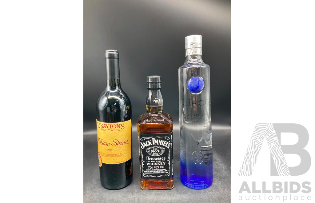 JACK DANIELS 700ml, CIROC Vodka 750ml and William Shiraz 2008 750ml - Lot of 3