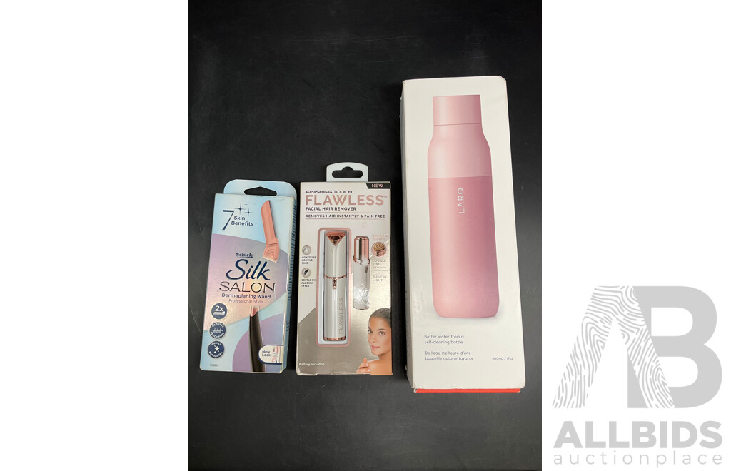 LARQ Self Cleaning Bottle, SILK SALON Dermaplaning Wand and FINSHING TOUCH Flawless Facial Hair Remover - Lot of 3