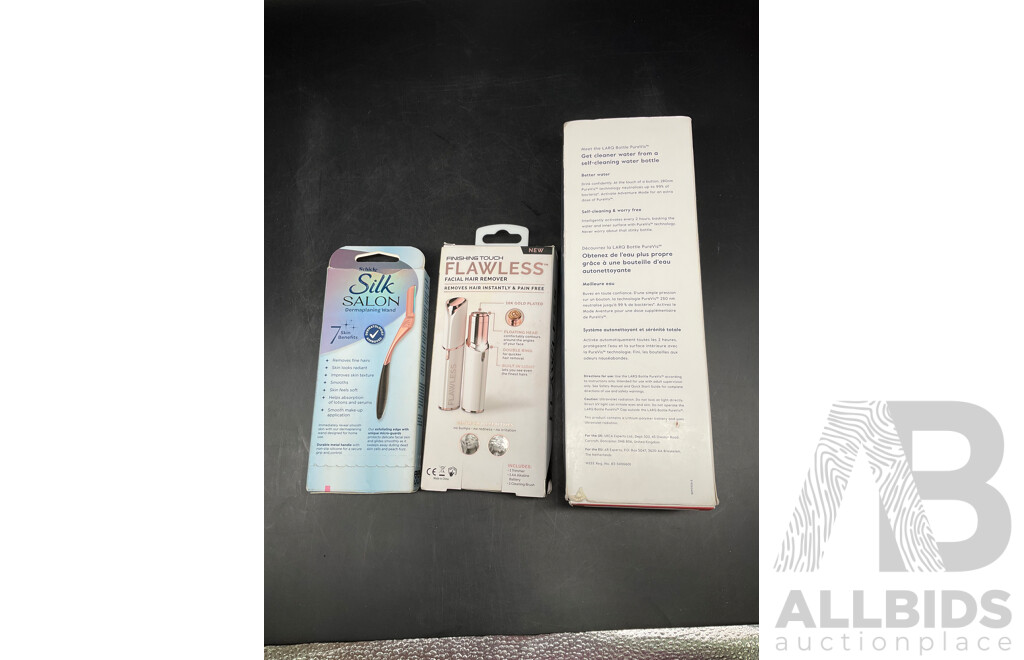 LARQ Self Cleaning Bottle, SILK SALON Dermaplaning Wand and FINSHING TOUCH Flawless Facial Hair Remover - Lot of 3
