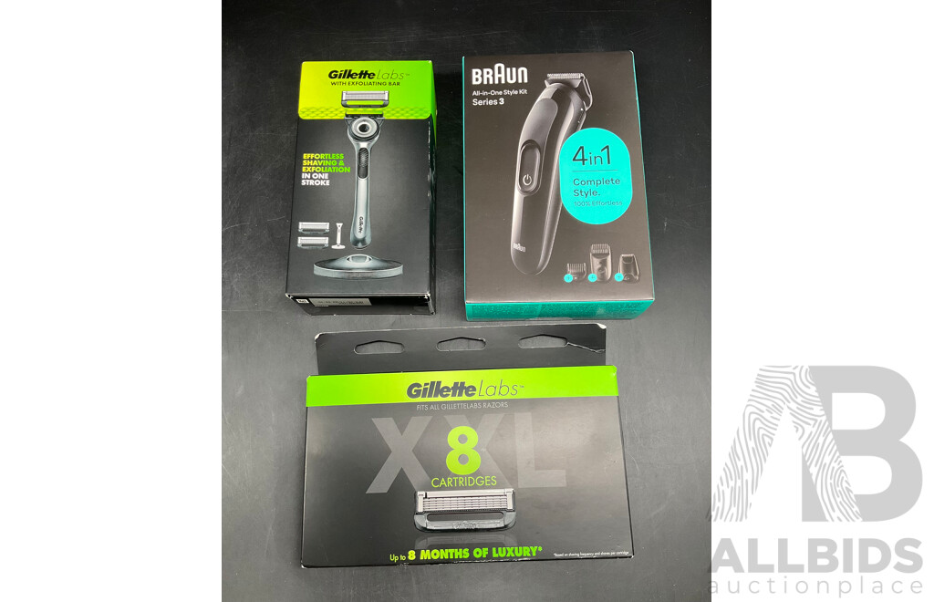 GILLETTE Labs with Exfoliating Bar, GILLETTE Labs 8 Cartridges and BRAUN All in One Style Kit Series 3 - Lot of 3