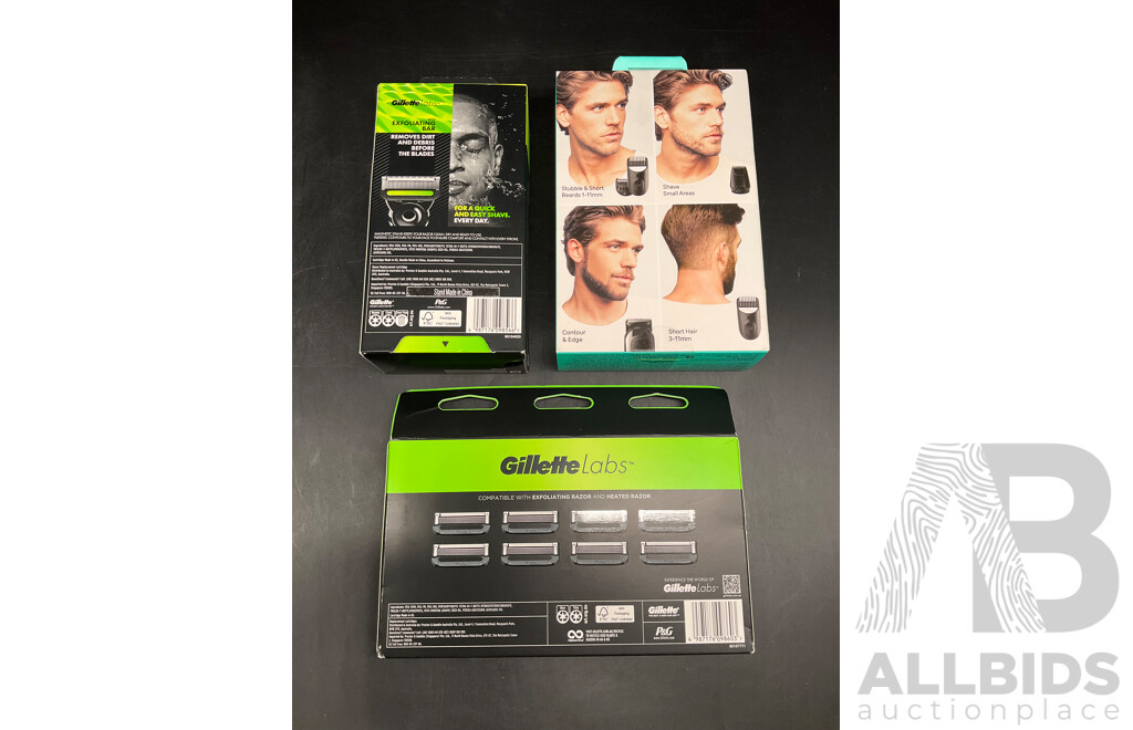 GILLETTE Labs with Exfoliating Bar, GILLETTE Labs 8 Cartridges and BRAUN All in One Style Kit Series 3 - Lot of 3