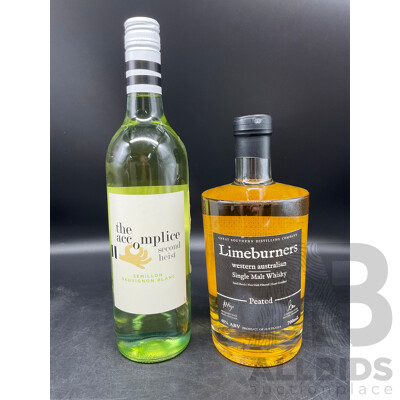 LIMEBURNES Single Malt Whisky 700ml and the Accomplice Sav Blanc 750ml - Lot of 2