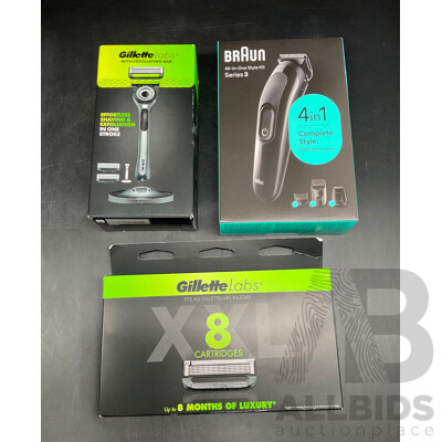 GILLETTE Labs with Exfoliating Bar, GILLETTE Labs 8 Cartridges and BRAUN All in One Style Kit Series 3 - Lot of 3