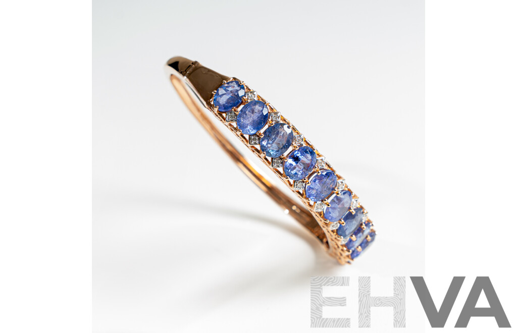 NEW - 14ct Rose Gold Tanzanite & Diamond Oval Hinged Bangle, T15.17ct/TDW0.19ct, 60mm, 22.67 Grams
