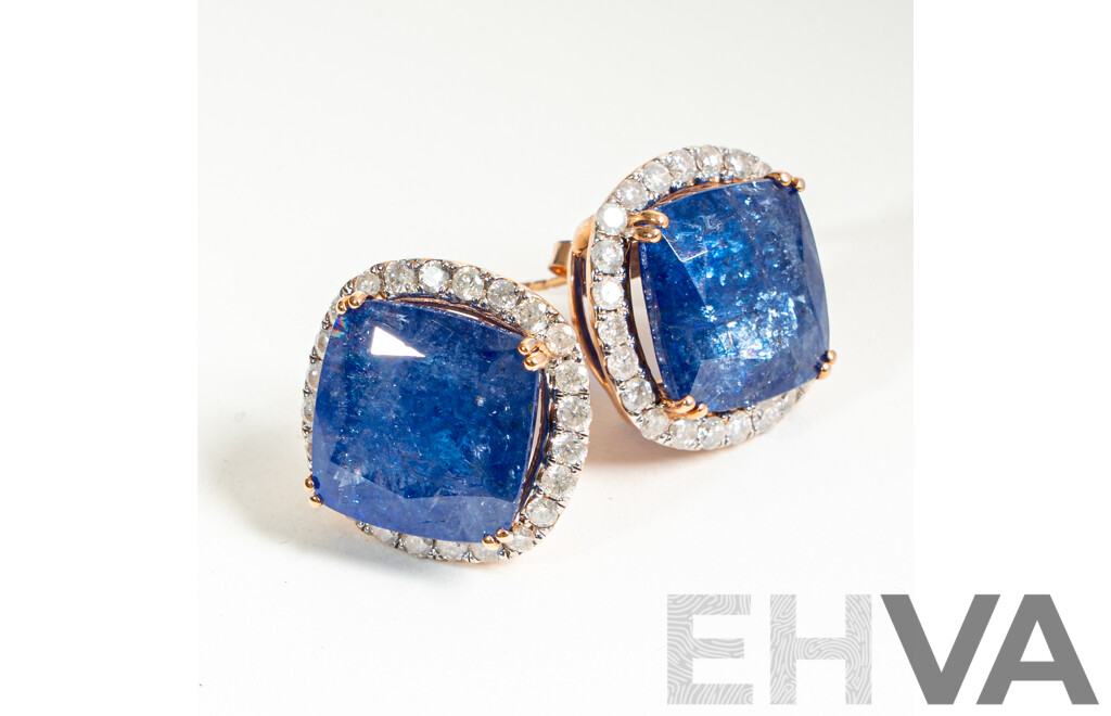 NEW - 14ct Rose Gold Tanzanite & Diamond Halo Stud Earrings, T21.23ct/TDW1.44ct, 18mm, 9.76 Grams