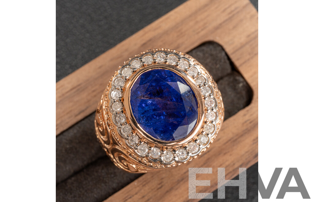 NEW - 14ct Rose Gold Tanzanite & Diamond Mens Ring, T4.92ct/TDW0.44ct, Size Q, 11.47 Grams