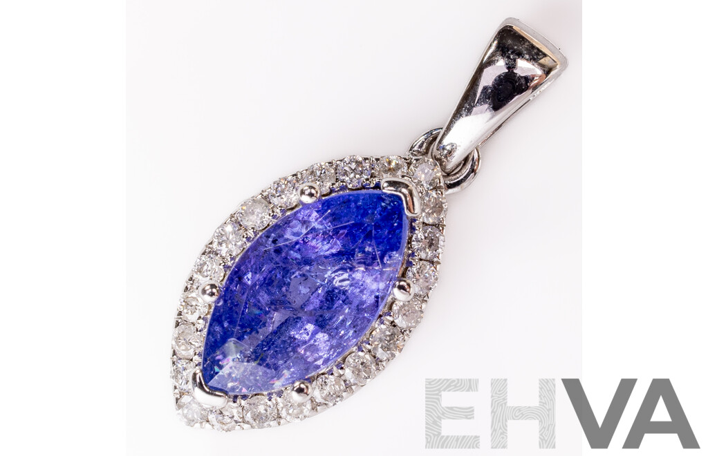 NEW - 14ct Tanzanite & Diamond Halo Pendant, S1.37ct/TDW0.18ct, 20mm, 1.26 Grams