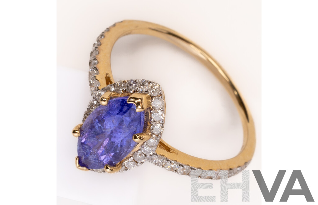 NEW - 14ct Yellow Gold Tanzanite & Diamond Halo Ring, S1.31ct/TDW0.37ct, Size L, 2.10 Grams
