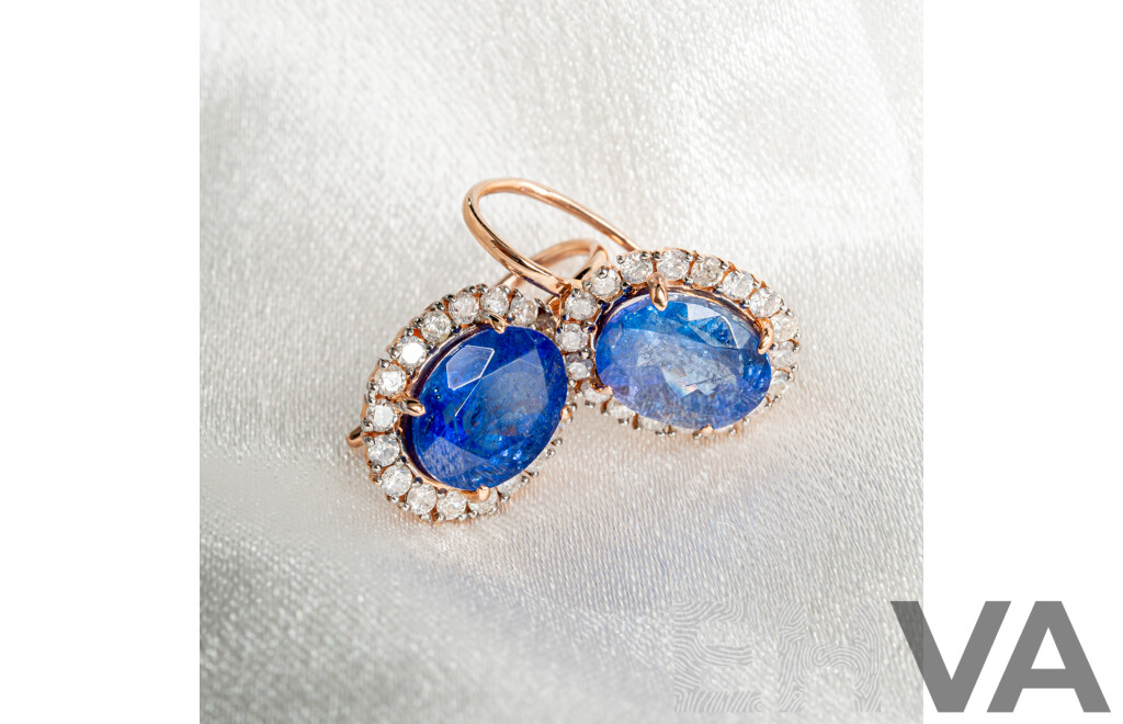 NEW - 14ct Rose Gold Tanzanite & Diamond Drop Earrings, T5.36ct/TDW0.64ct, 18mm Long, 3.84 Grams