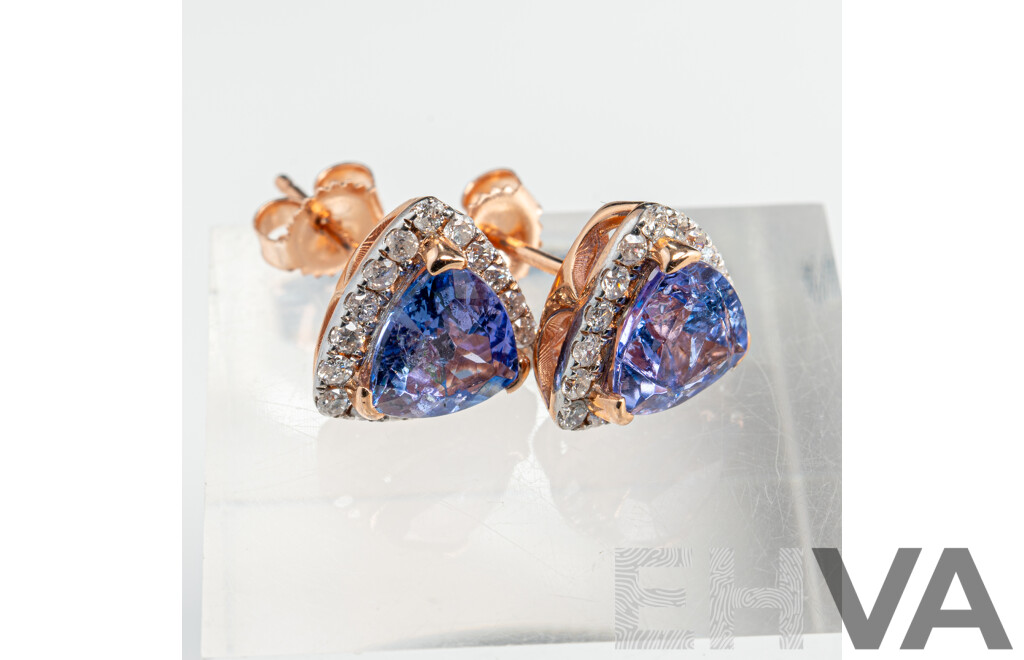 NEW - 14ct Rose Gold Tanzanite & Diamond Stud Earrings, T2.16ct/TDW0.34ct, 9.4mm, 2.37 Grams