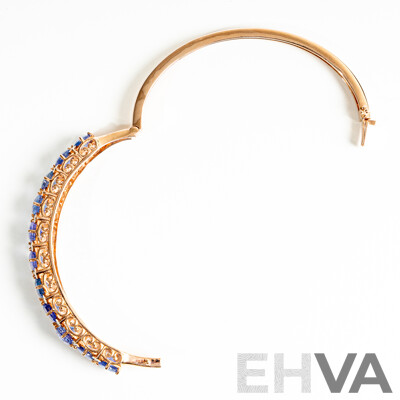NEW - 14ct Rose Gold Tanzanite & Diamond Oval Hinged Bangle, T15.17ct/TDW0.19ct, 60mm, 22.67 Grams
