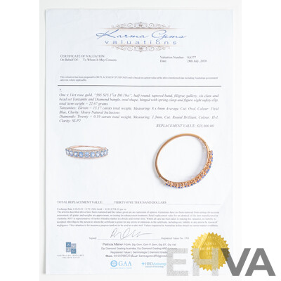 NEW - 14ct Rose Gold Tanzanite & Diamond Oval Hinged Bangle, T15.17ct/TDW0.19ct, 60mm, 22.67 Grams