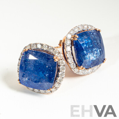 NEW - 14ct Rose Gold Tanzanite & Diamond Halo Stud Earrings, T21.23ct/TDW1.44ct, 18mm, 9.76 Grams