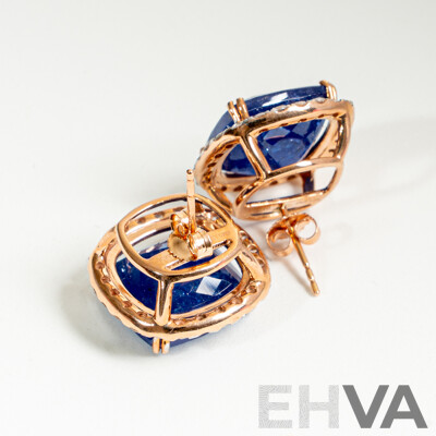 NEW - 14ct Rose Gold Tanzanite & Diamond Halo Stud Earrings, T21.23ct/TDW1.44ct, 18mm, 9.76 Grams