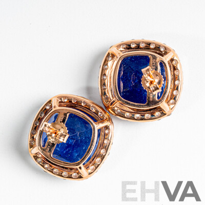 NEW - 14ct Rose Gold Tanzanite & Diamond Halo Stud Earrings, T21.23ct/TDW1.44ct, 18mm, 9.76 Grams