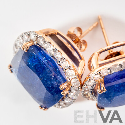 NEW - 14ct Rose Gold Tanzanite & Diamond Halo Stud Earrings, T21.23ct/TDW1.44ct, 18mm, 9.76 Grams