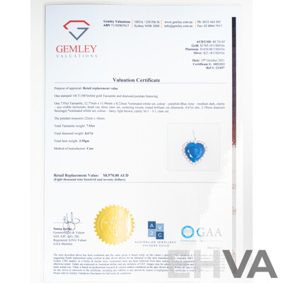 NEW - 14ct Tanzanite & Diamond Halo Heart Shaped Pendant, T7.93ct/TDW0.67ct, 17mm X 16mm, 3.97 Grams