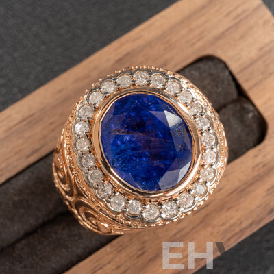 NEW - 14ct Rose Gold Tanzanite & Diamond Mens Ring, T4.92ct/TDW0.44ct, Size Q, 11.47 Grams