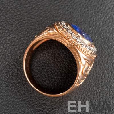 NEW - 14ct Rose Gold Tanzanite & Diamond Mens Ring, T4.92ct/TDW0.44ct, Size Q, 11.47 Grams