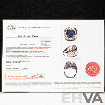NEW - 14ct Rose Gold Tanzanite & Diamond Mens Ring, T4.92ct/TDW0.44ct, Size Q, 11.47 Grams