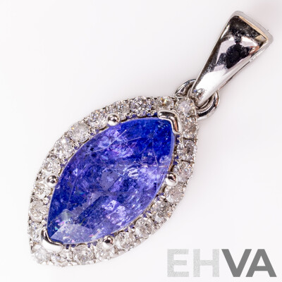 NEW - 14ct Tanzanite & Diamond Halo Pendant, S1.37ct/TDW0.18ct, 20mm, 1.26 Grams