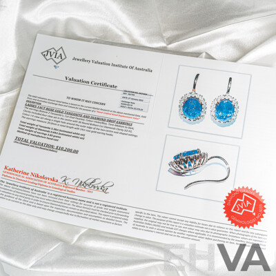 NEW - 14ct Rose Gold Tanzanite & Diamond Drop Earrings, T5.36ct/TDW0.64ct, 18mm Long, 3.84 Grams