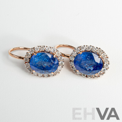 NEW - 14ct Rose Gold Tanzanite & Diamond Drop Earrings, T5.36ct/TDW0.64ct, 18mm Long, 3.84 Grams