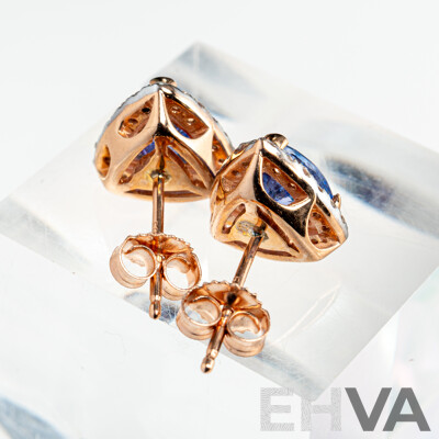 NEW - 14ct Rose Gold Tanzanite & Diamond Stud Earrings, T2.16ct/TDW0.34ct, 9.4mm, 2.37 Grams