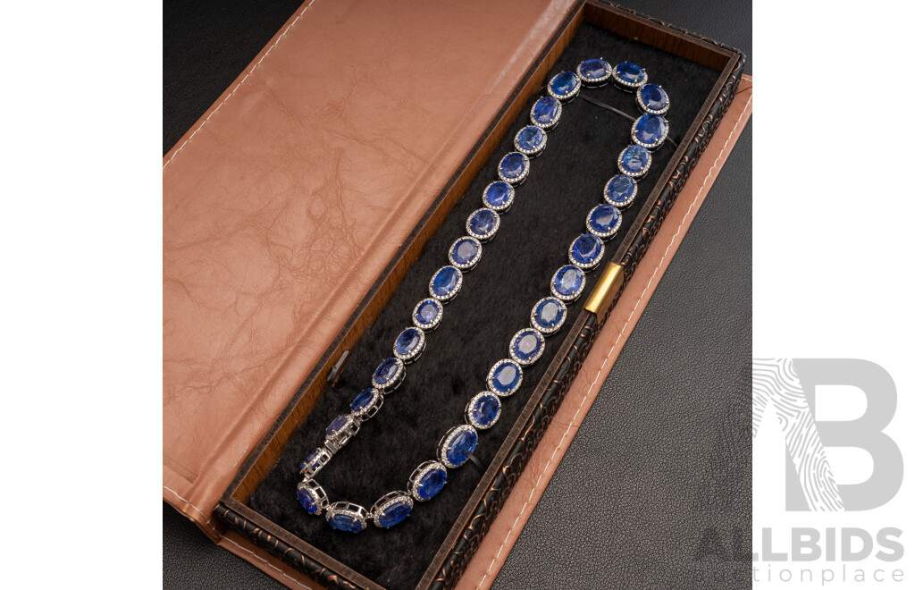 Platinum Tanzanite & Diamond Halo Tennis Necklace, T133.35ct/TDW7.33ct, 46cm, 99.10 Grams - WGI Report with Value