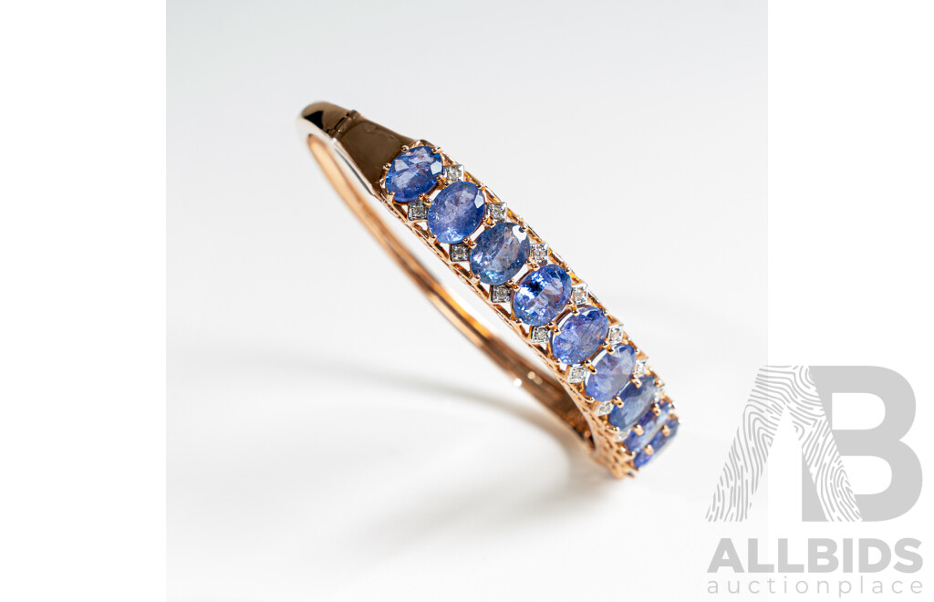 NEW - 14ct Rose Gold Tanzanite & Diamond Oval Hinged Bangle, T15.17ct/TDW0.19ct, 60mm, 22.67 Grams