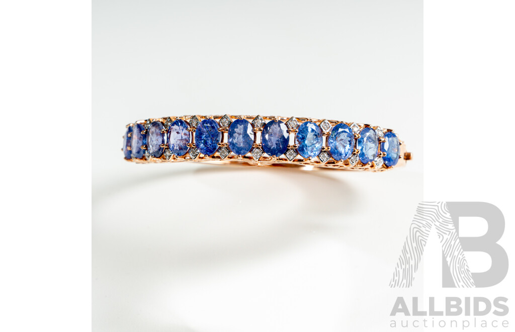 NEW - 14ct Rose Gold Tanzanite & Diamond Oval Hinged Bangle, T15.17ct/TDW0.19ct, 60mm, 22.67 Grams