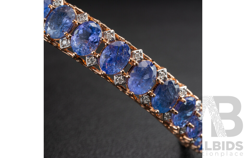 NEW - 14ct Rose Gold Tanzanite & Diamond Oval Hinged Bangle, T15.17ct/TDW0.19ct, 60mm, 22.67 Grams