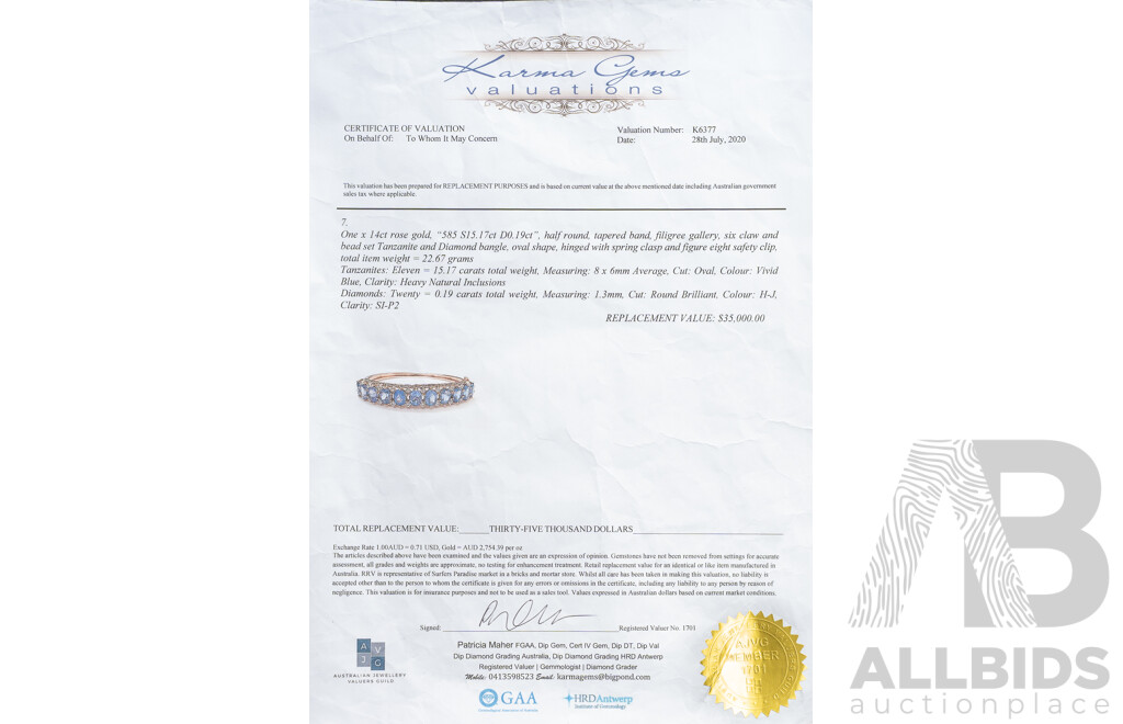 NEW - 14ct Rose Gold Tanzanite & Diamond Oval Hinged Bangle, T15.17ct/TDW0.19ct, 60mm, 22.67 Grams