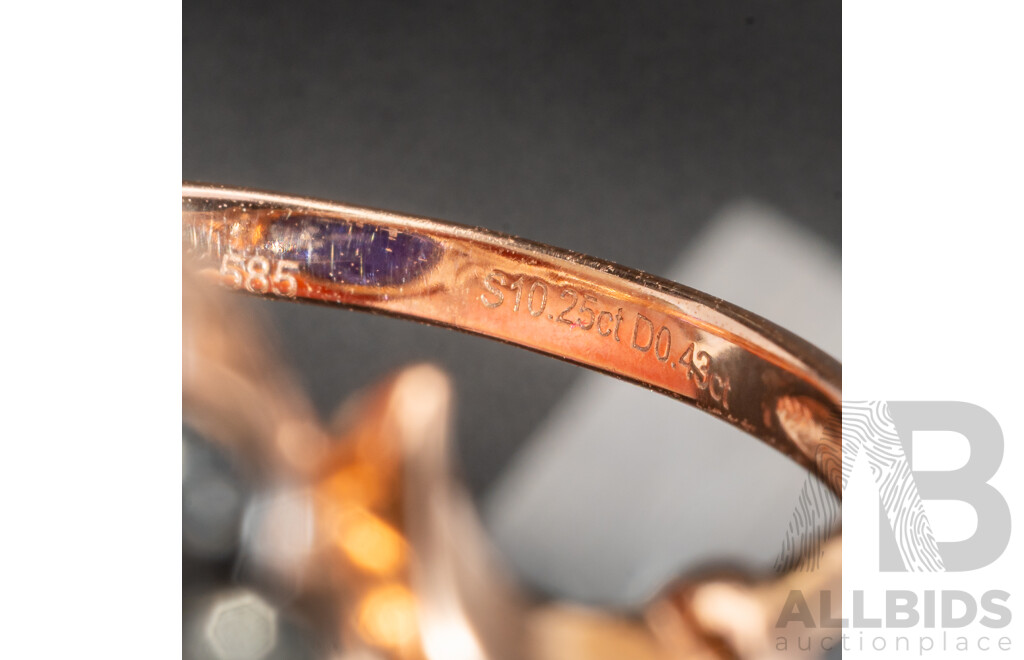 NEW - 14ct Rose Gold Tanzanite & Diamond Cocktail Ring, T10.25ct/TDW0.43ct, Size O, 7.51 Grams