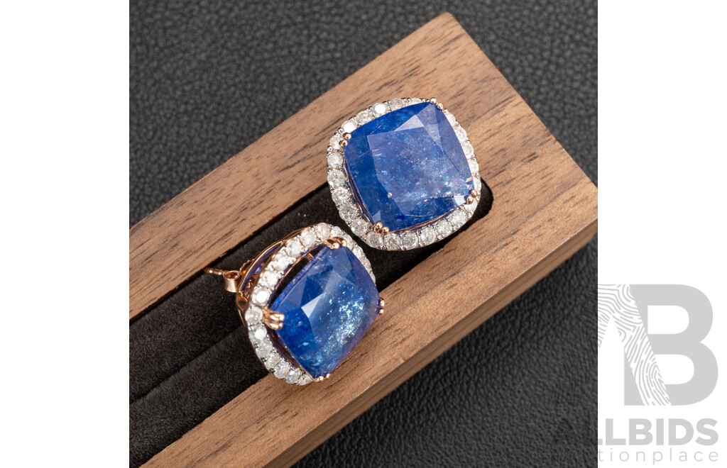 NEW - 14ct Rose Gold Tanzanite & Diamond Halo Stud Earrings, T21.23ct/TDW1.44ct, 18mm, 9.76 Grams