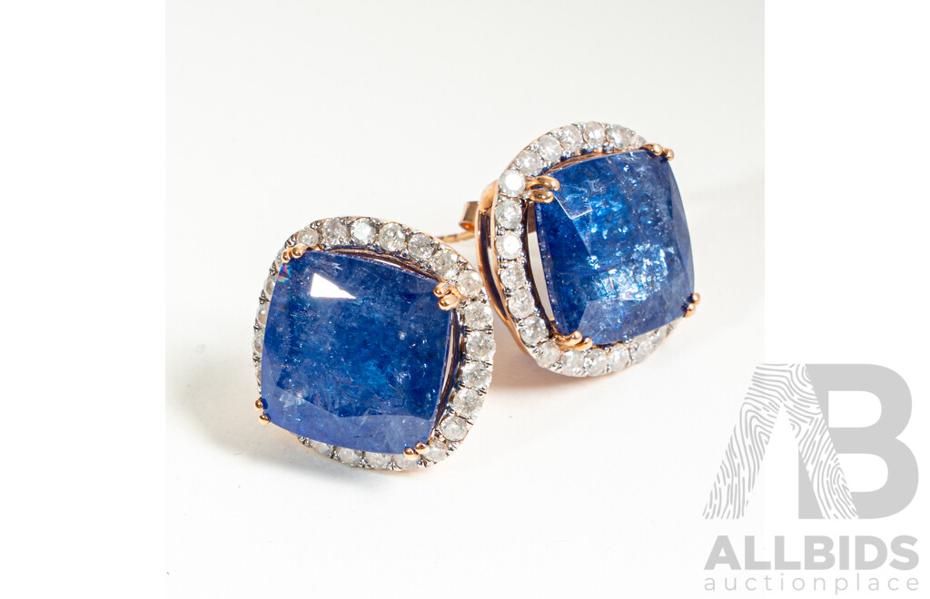 NEW - 14ct Rose Gold Tanzanite & Diamond Halo Stud Earrings, T21.23ct/TDW1.44ct, 18mm, 9.76 Grams