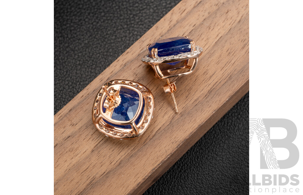 NEW - 14ct Rose Gold Tanzanite & Diamond Halo Stud Earrings, T21.23ct/TDW1.44ct, 18mm, 9.76 Grams