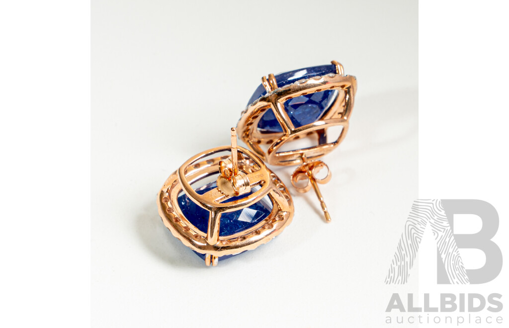 NEW - 14ct Rose Gold Tanzanite & Diamond Halo Stud Earrings, T21.23ct/TDW1.44ct, 18mm, 9.76 Grams