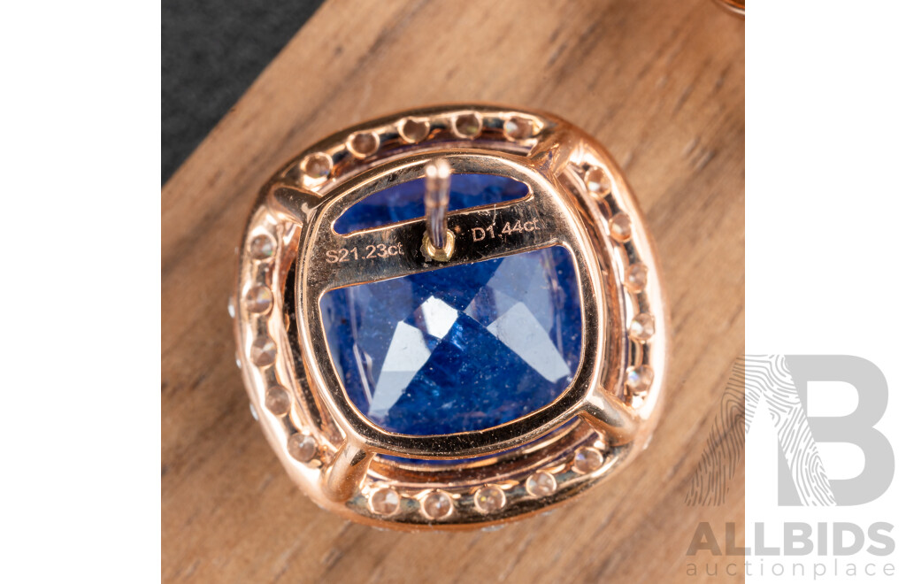 NEW - 14ct Rose Gold Tanzanite & Diamond Halo Stud Earrings, T21.23ct/TDW1.44ct, 18mm, 9.76 Grams