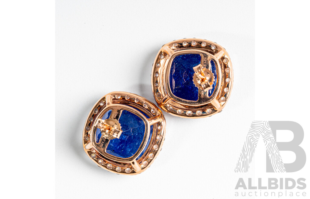 NEW - 14ct Rose Gold Tanzanite & Diamond Halo Stud Earrings, T21.23ct/TDW1.44ct, 18mm, 9.76 Grams