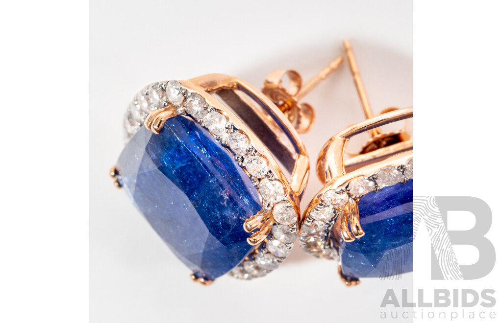 NEW - 14ct Rose Gold Tanzanite & Diamond Halo Stud Earrings, T21.23ct/TDW1.44ct, 18mm, 9.76 Grams