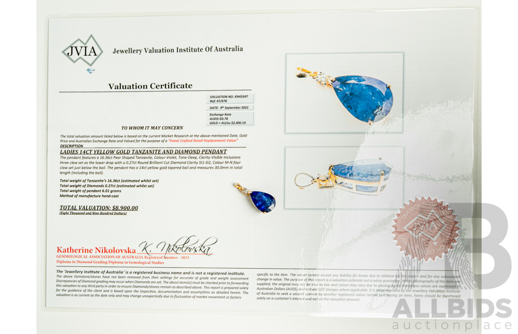 NEW - 14ct Tanzanite & Diamond Pendant, T16.36ct/TDW0.27ct, 33mm Long, 6.01 Grams