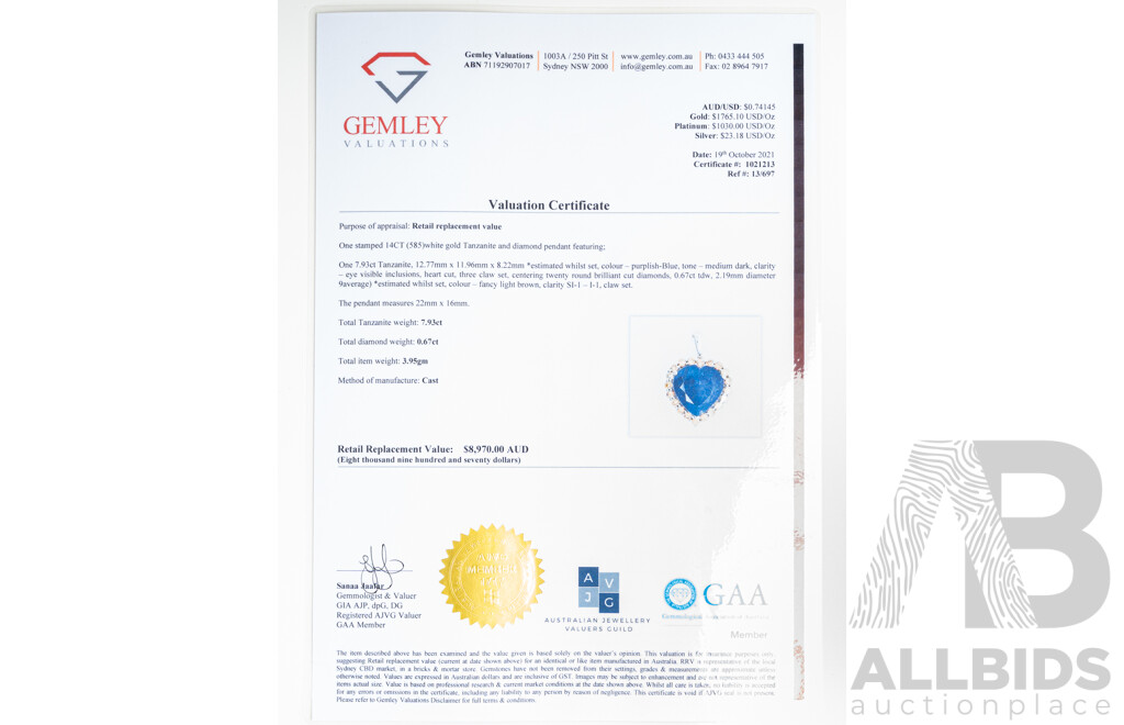 NEW - 14ct Tanzanite & Diamond Halo Heart Shaped Pendant, T7.93ct/TDW0.67ct, 17mm X 16mm, 3.97 Grams