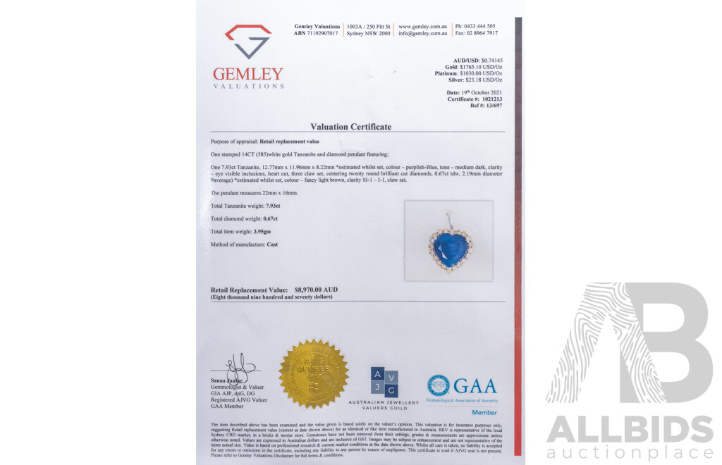 NEW - 14ct Tanzanite & Diamond Halo Heart Shaped Pendant, T7.93ct/TDW0.67ct, 17mm X 16mm, 3.97 Grams