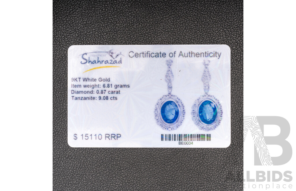 NEW - 9ct Tanzanite & Diamond Luxury Drop Stud Earrings, T9.08ct/TDW0.87ct, 6.82 Grams