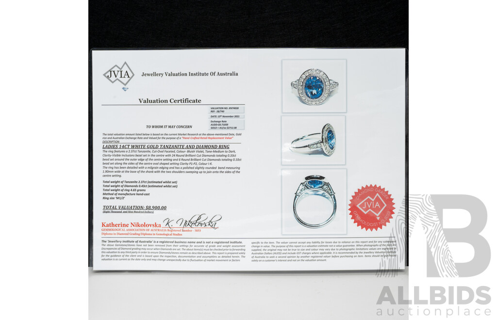 NEW - 14ct White Gold Tanzanite & Diamond Halo Ring, T2.37ct/TDW0.43ct, Size N, 4.66 Grams