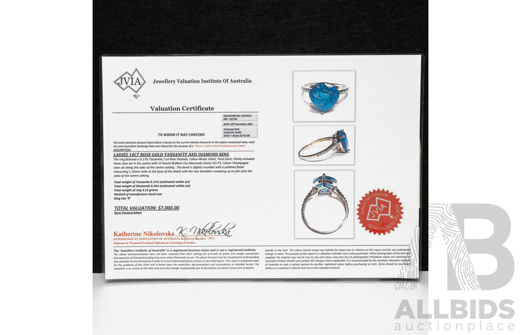NEW - 14ct Rose Gold Tanzanite & Diamond Ring, T6.17ct,TDW0.10ct, Size R, 3.14 Grams