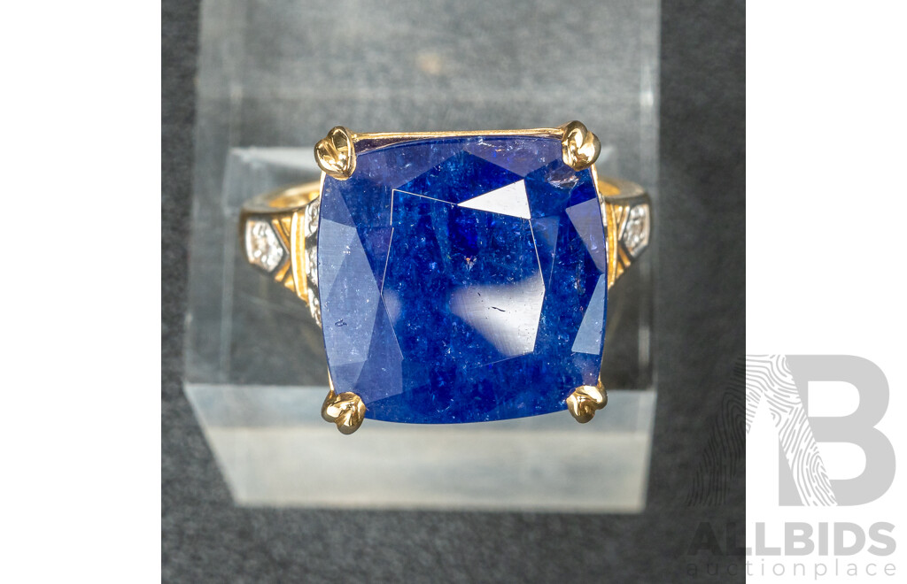 NEW - 14ct Yellow Gold Tanzanite & Diamond Cocktail Ring, T14.72ct/TDW0.11ct, Size Q, 8.16 Grams