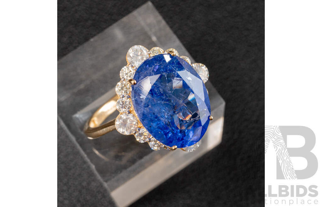 NEW - 14ct Yellow Gold Tanzanite & Diamond Cocktail Ring, T10.71ct/TDW1.25ct, Size Q, 6.31 Grams